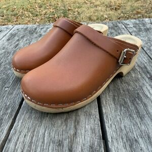 Lotta From Stockholm Swedish Clogs Tan Leather Wood Shoes EU 34/US W 4-4.5